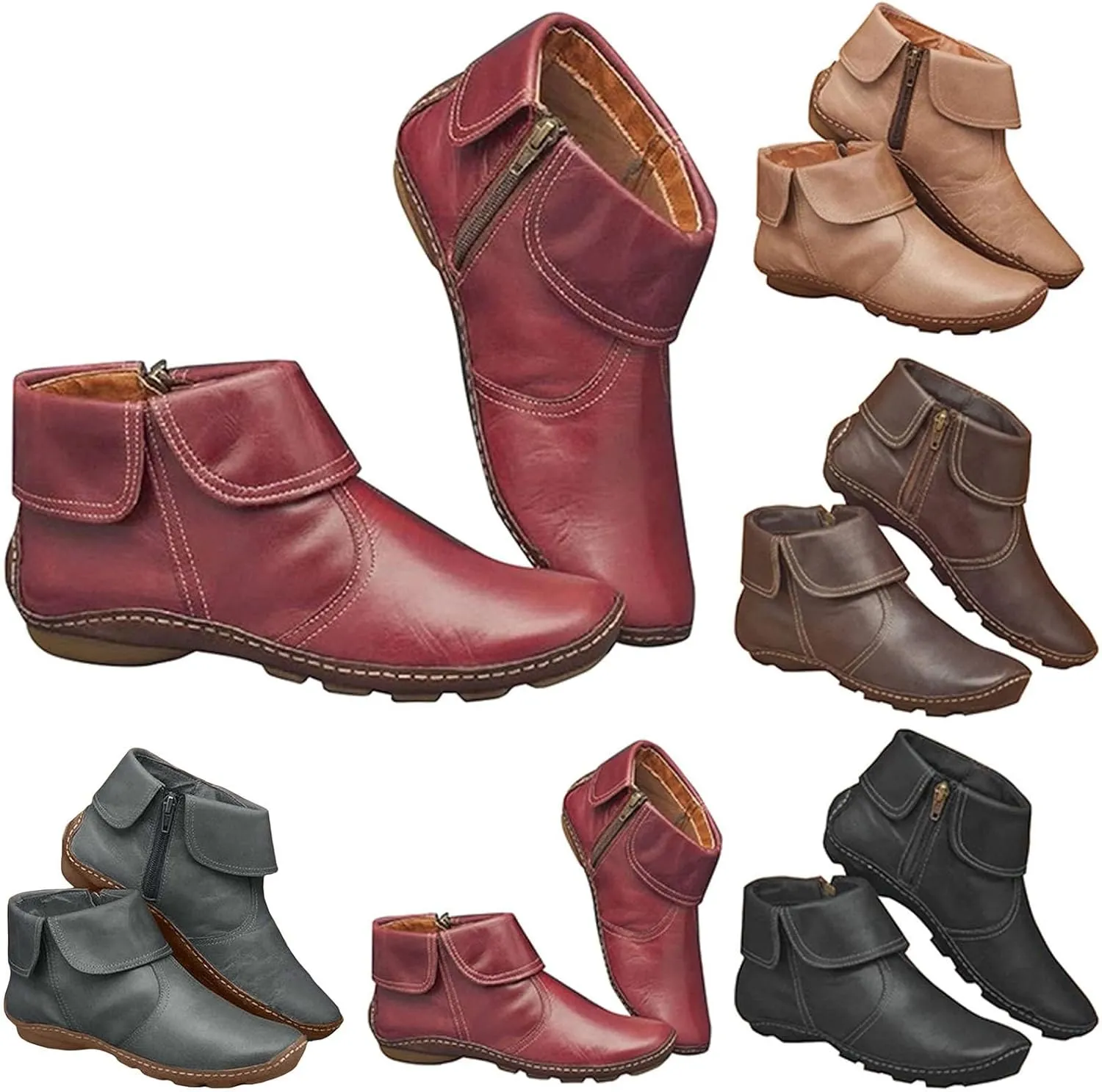 Ankle Boots for Women No Heel New Arch Support Boots Side Zipper Vintage Leather Damping Shoes Flat Heel Booties