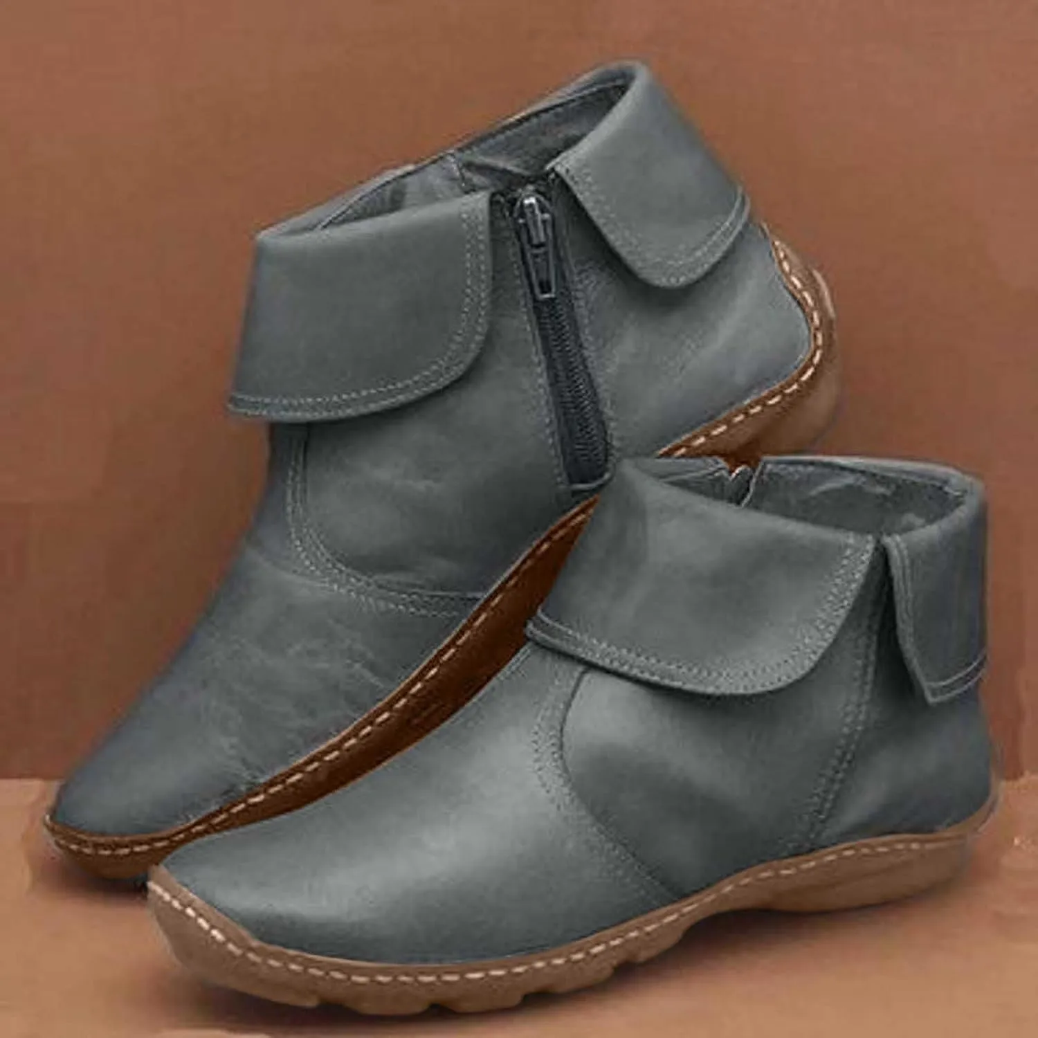 Ankle Boots for Women No Heel New Arch Support Boots Side Zipper Vintage Leather Damping Shoes Flat Heel Booties