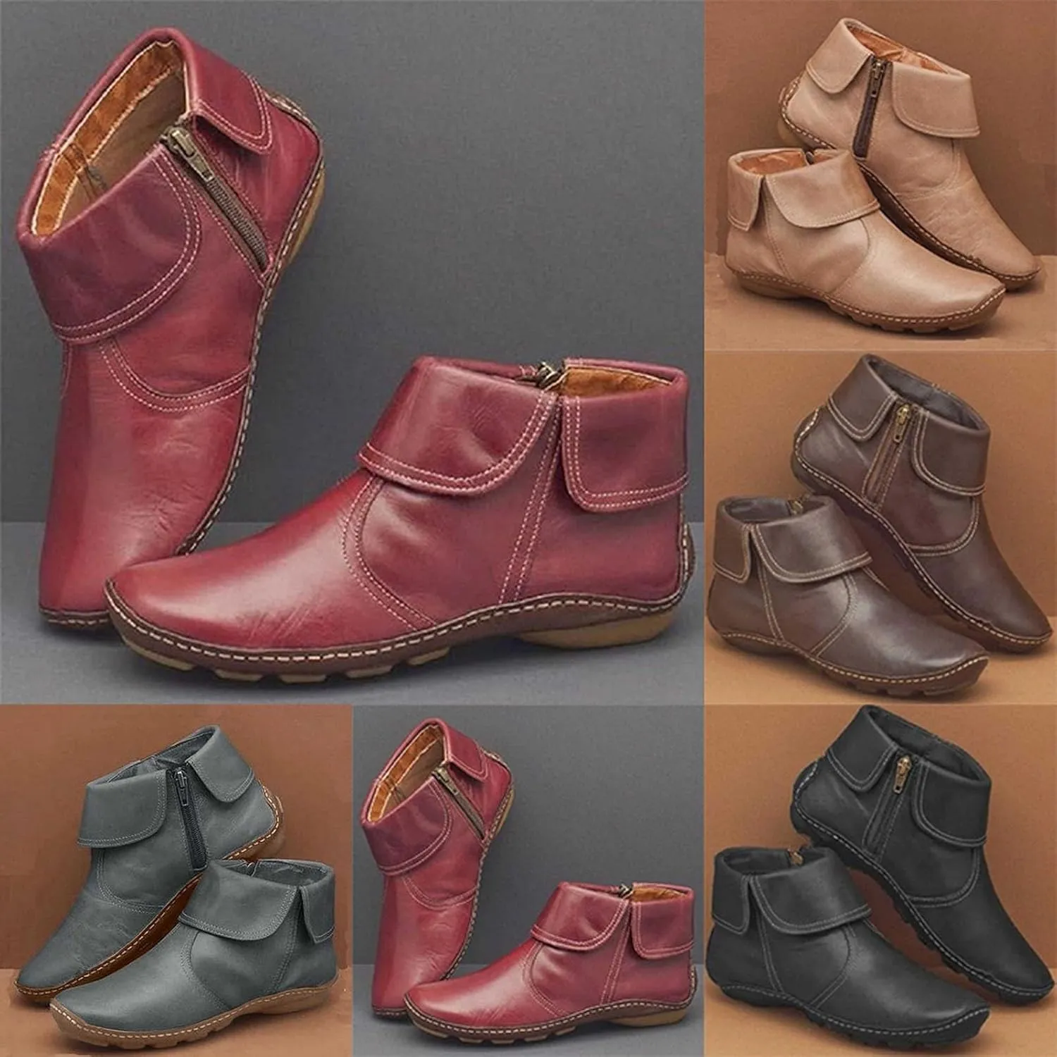 Ankle Boots for Women No Heel New Arch Support Boots Side Zipper Vintage Leather Damping Shoes Flat Heel Booties