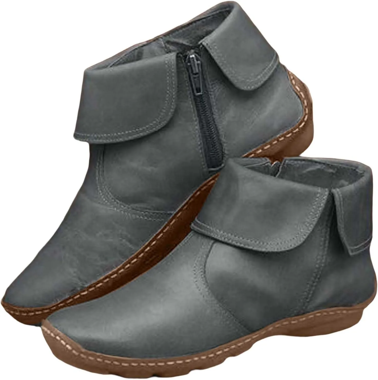 Ankle Boots for Women No Heel New Arch Support Boots Side Zipper Vintage Leather Damping Shoes Flat Heel Booties