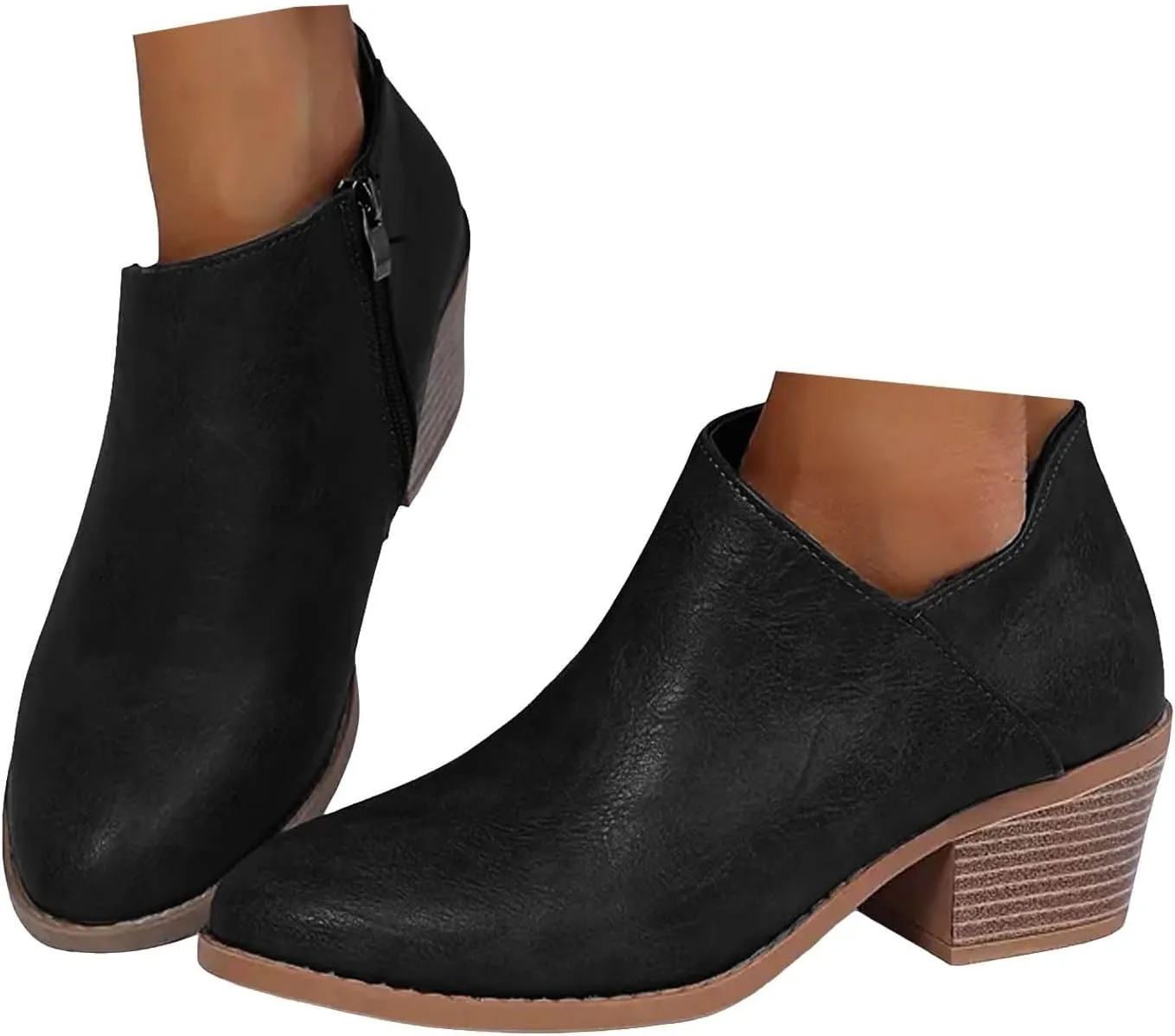 Ankle Boots for Women Women's Ankle Chelsea Pointed Toe Fall Boots Faux Leather Women Low Chunky Heeled Side Zip Booties
