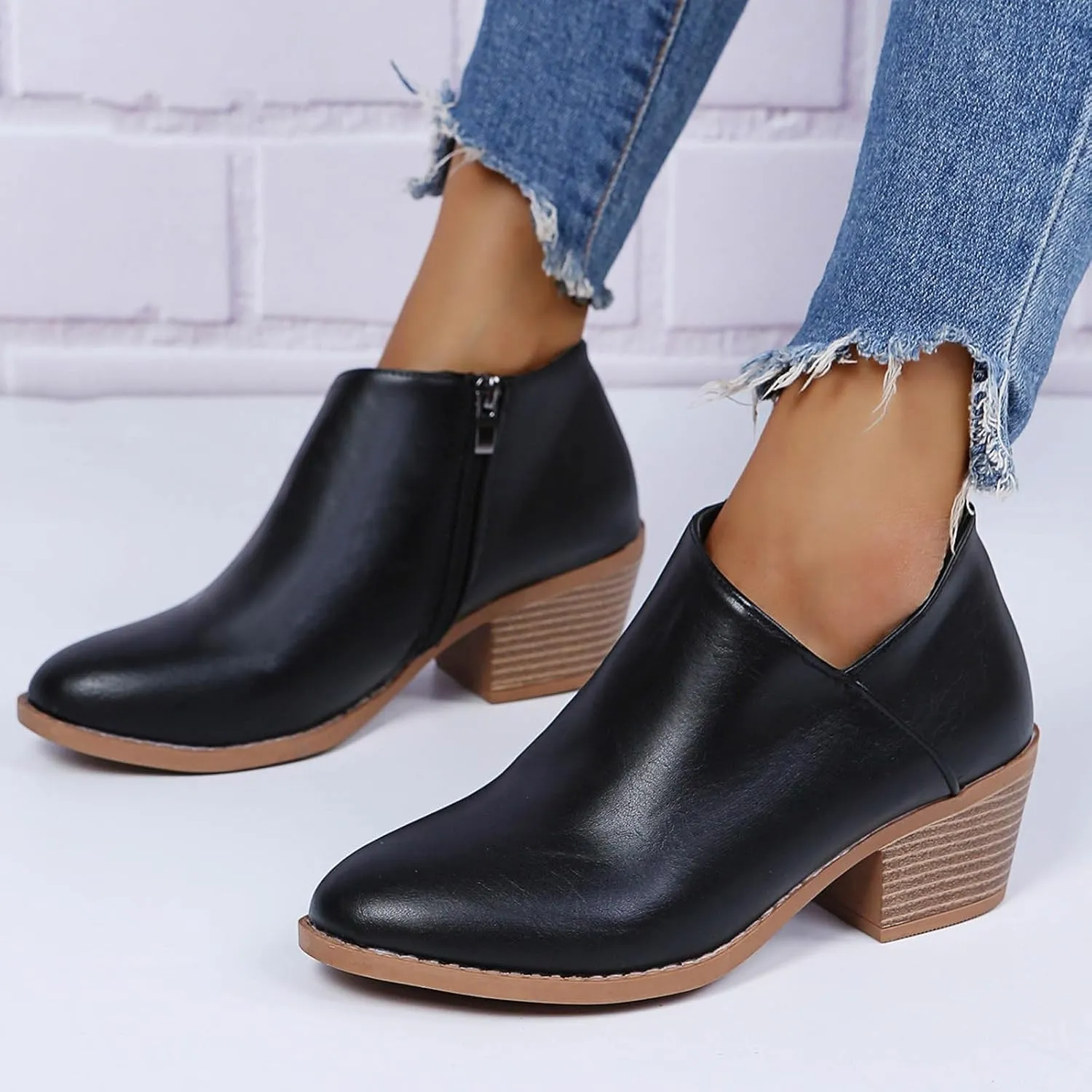 Ankle Boots for Women Women's Ankle Chelsea Pointed Toe Fall Boots Faux Leather Women Low Chunky Heeled Side Zip Booties