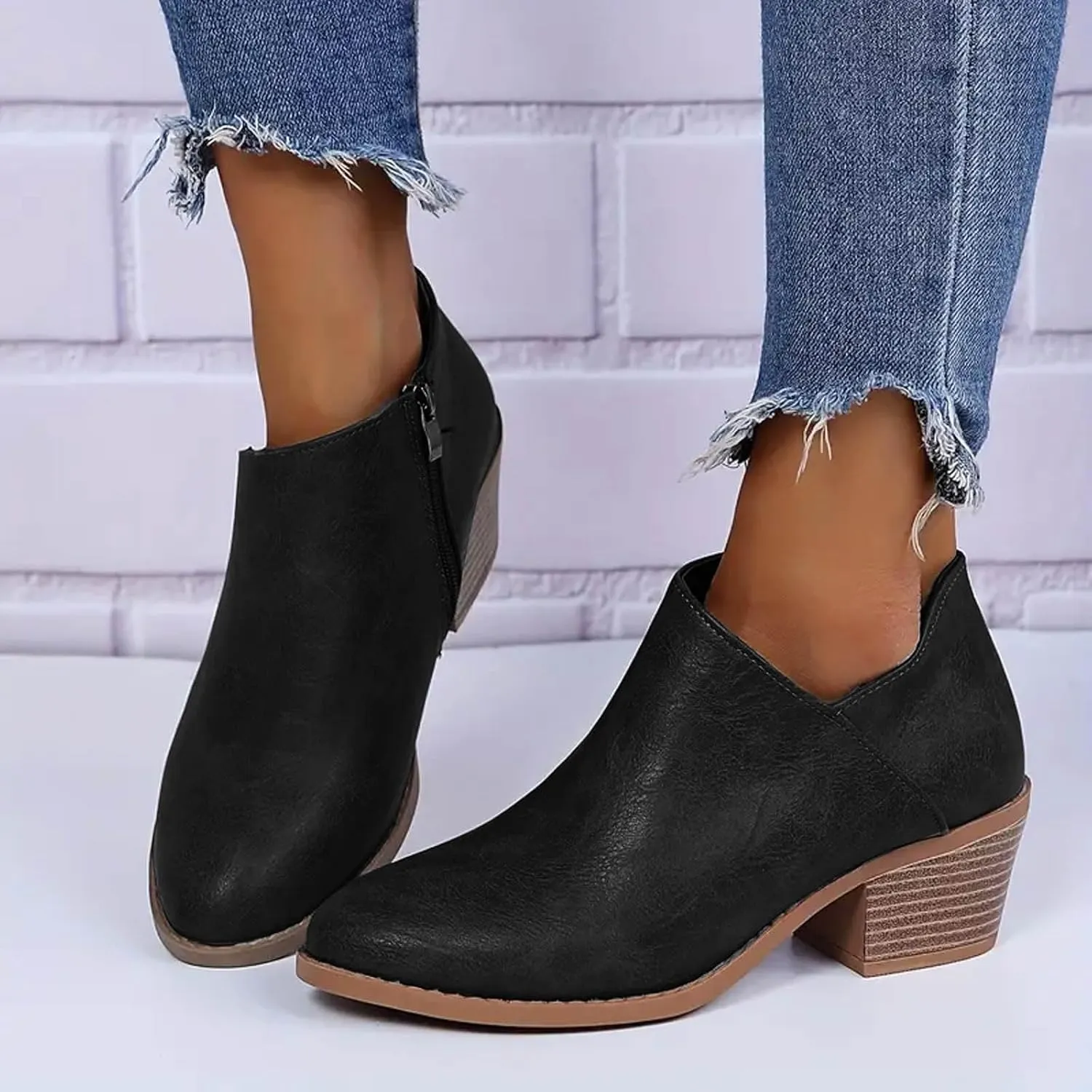 Ankle Boots for Women Women's Ankle Chelsea Pointed Toe Fall Boots Faux Leather Women Low Chunky Heeled Side Zip Booties