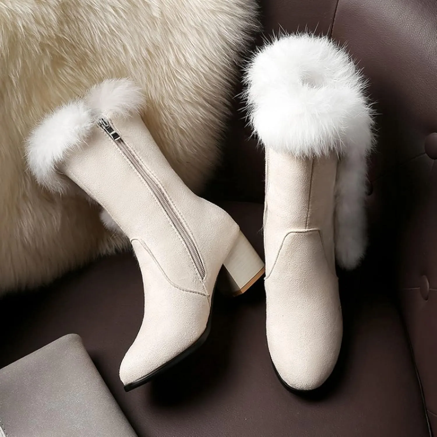 Bcshiye Women's Mid Calf Boots,Winter Wide Mid-Calf Snow Boots Fashion Furry Warm Comfort High Heels Dress Party Boots