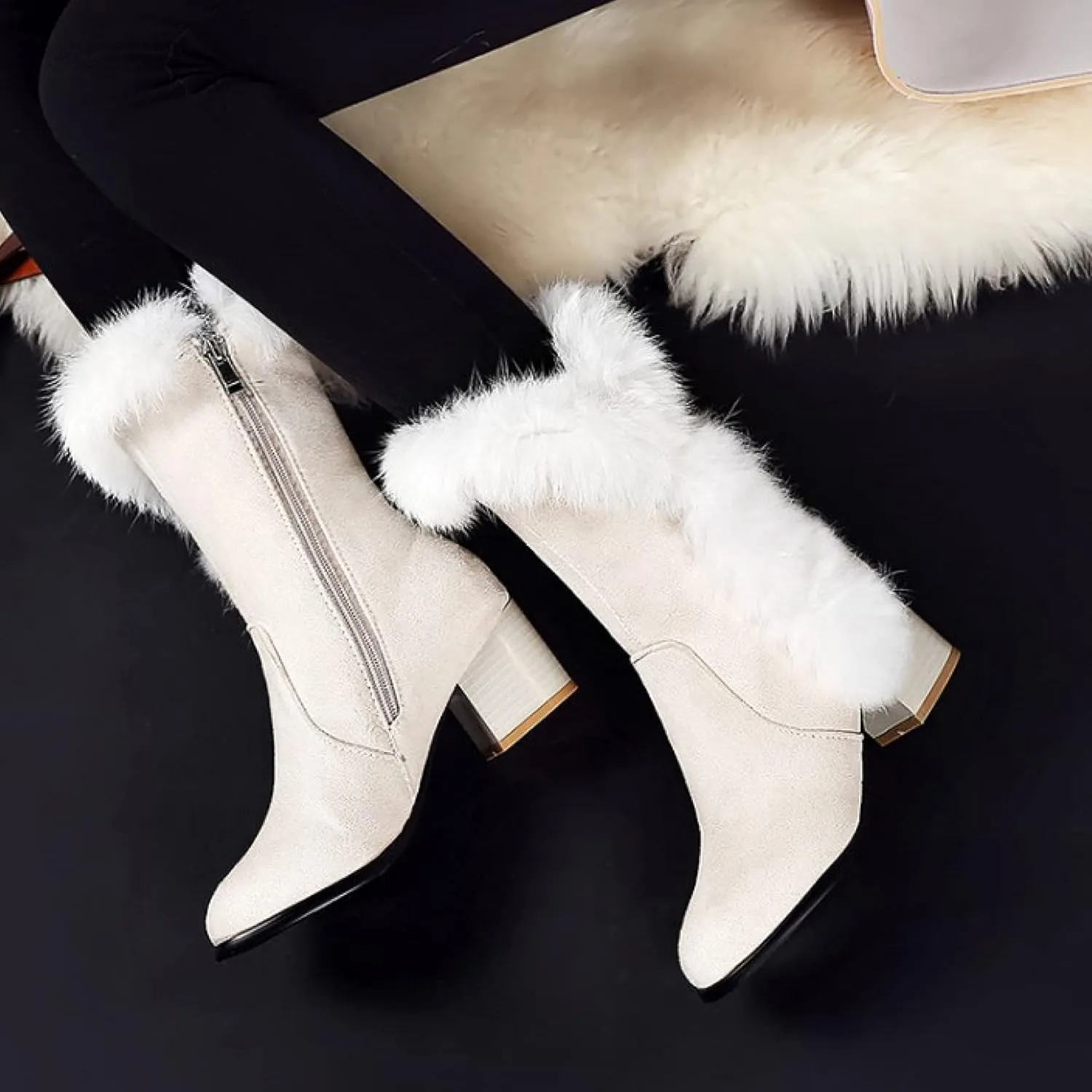 Bcshiye Women's Mid Calf Boots,Winter Wide Mid-Calf Snow Boots Fashion Furry Warm Comfort High Heels Dress Party Boots