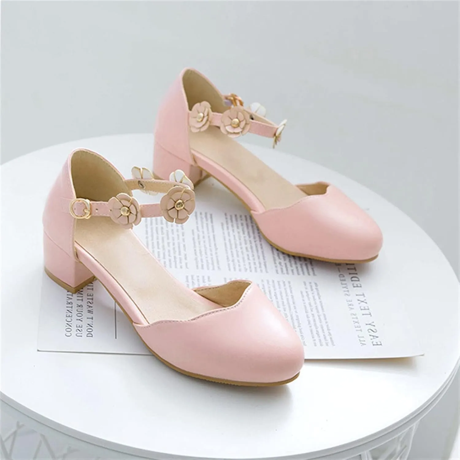 Big Kids Girls Mary Jane Dress Shoes Pumps Low Heels Flower High School Prom Shoes Pink Ballet Shoes