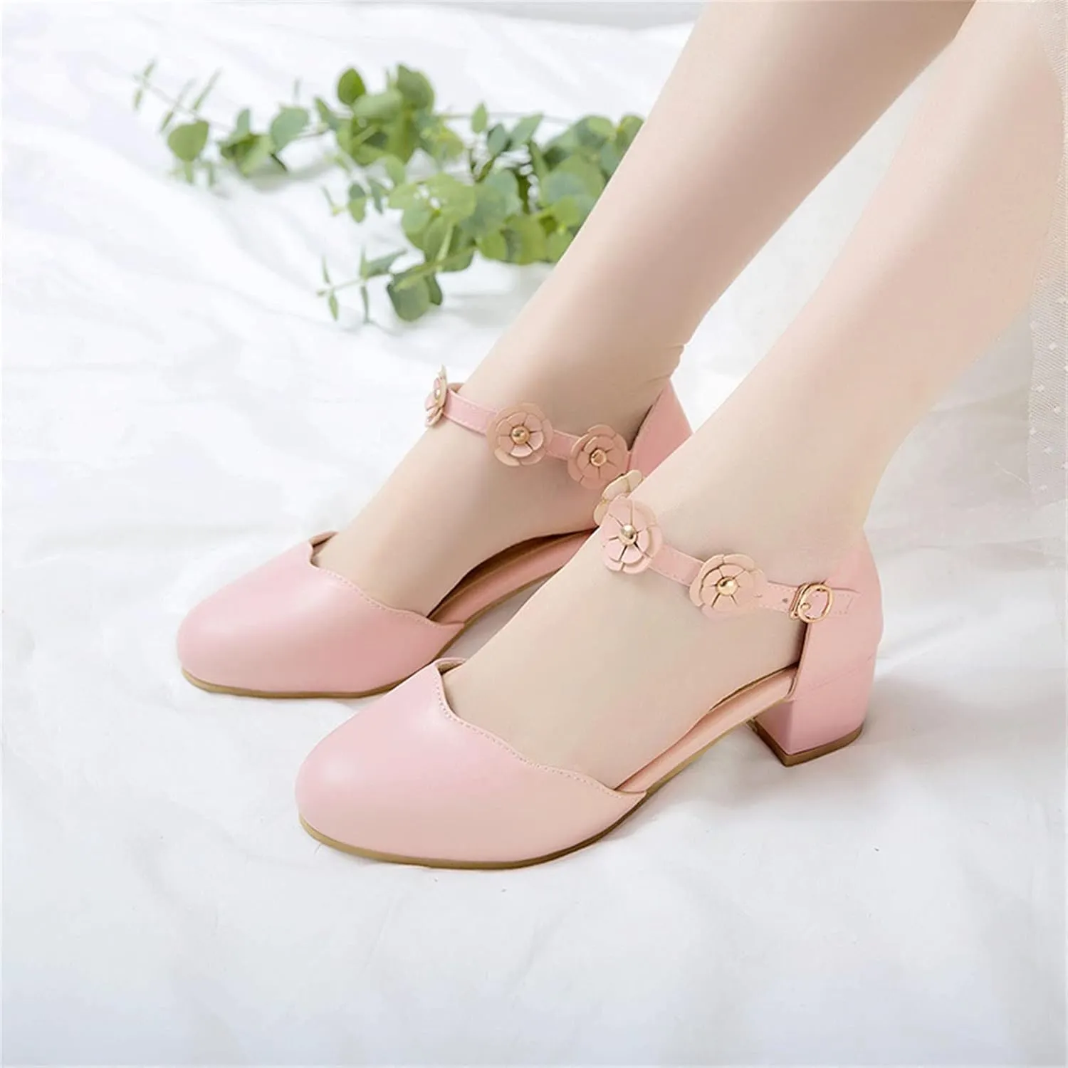 Big Kids Girls Mary Jane Dress Shoes Pumps Low Heels Flower High School Prom Shoes Pink Ballet Shoes