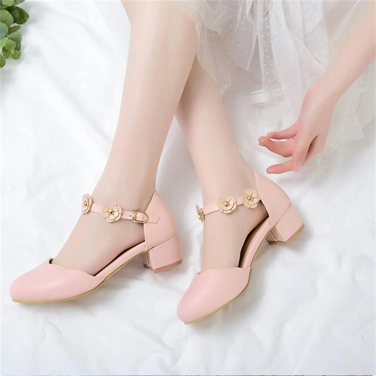 Big Kids Girls Mary Jane Dress Shoes Pumps Low Heels Flower High School Prom Shoes Pink Ballet Shoes