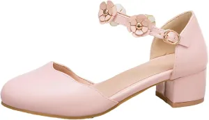 Big Kids Girls Mary Jane Dress Shoes Pumps Low Heels Flower High School Prom Shoes Pink Ballet Shoes