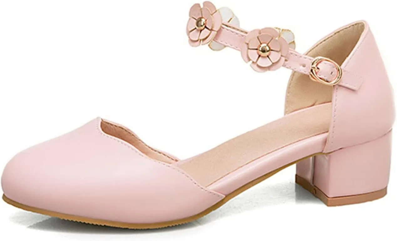 Big Kids Girls Mary Jane Dress Shoes Pumps Low Heels Flower High School Prom Shoes Pink Ballet Shoes