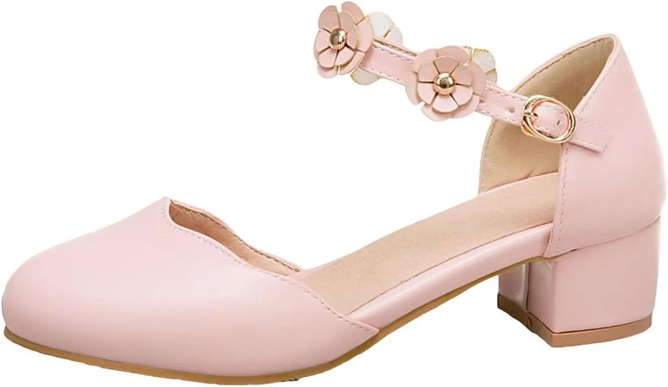 Big Kids Girls Mary Jane Dress Shoes Pumps Low Heels Flower High School Prom Shoes Pink Ballet Shoes