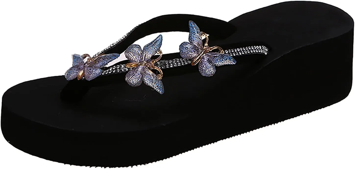 Black Sandals Women Platform Ladies Fashion Summer Flip Flops Casual Rhinestone Butterfly Sandals