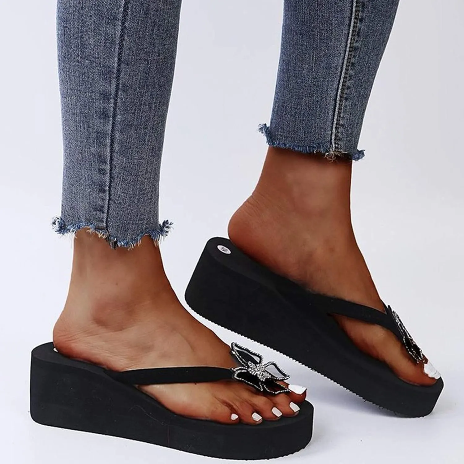 Black Sandals Women Platform Ladies Fashion Summer Flip Flops Casual Rhinestone Butterfly Sandals