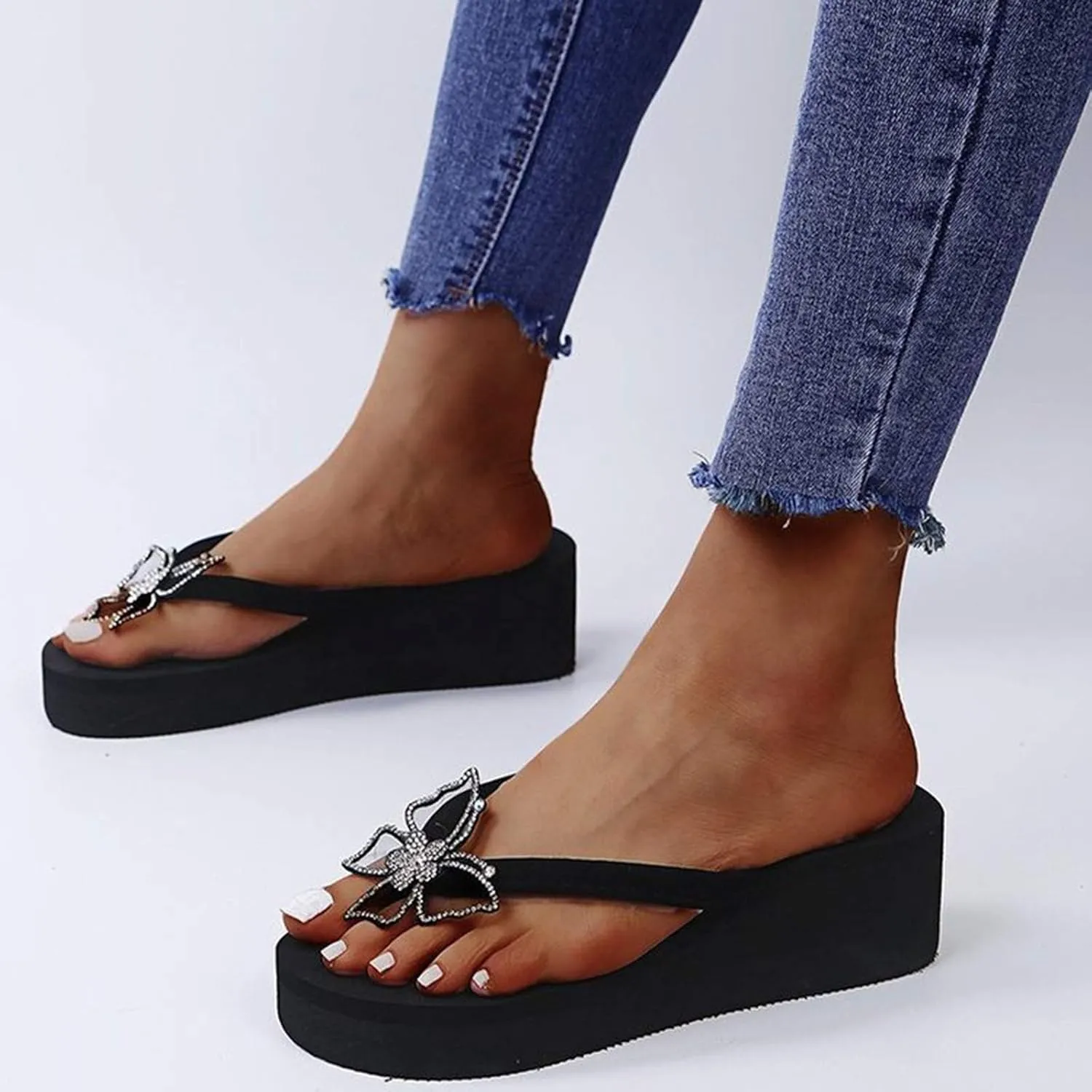 Black Sandals Women Platform Ladies Fashion Summer Flip Flops Casual Rhinestone Butterfly Sandals