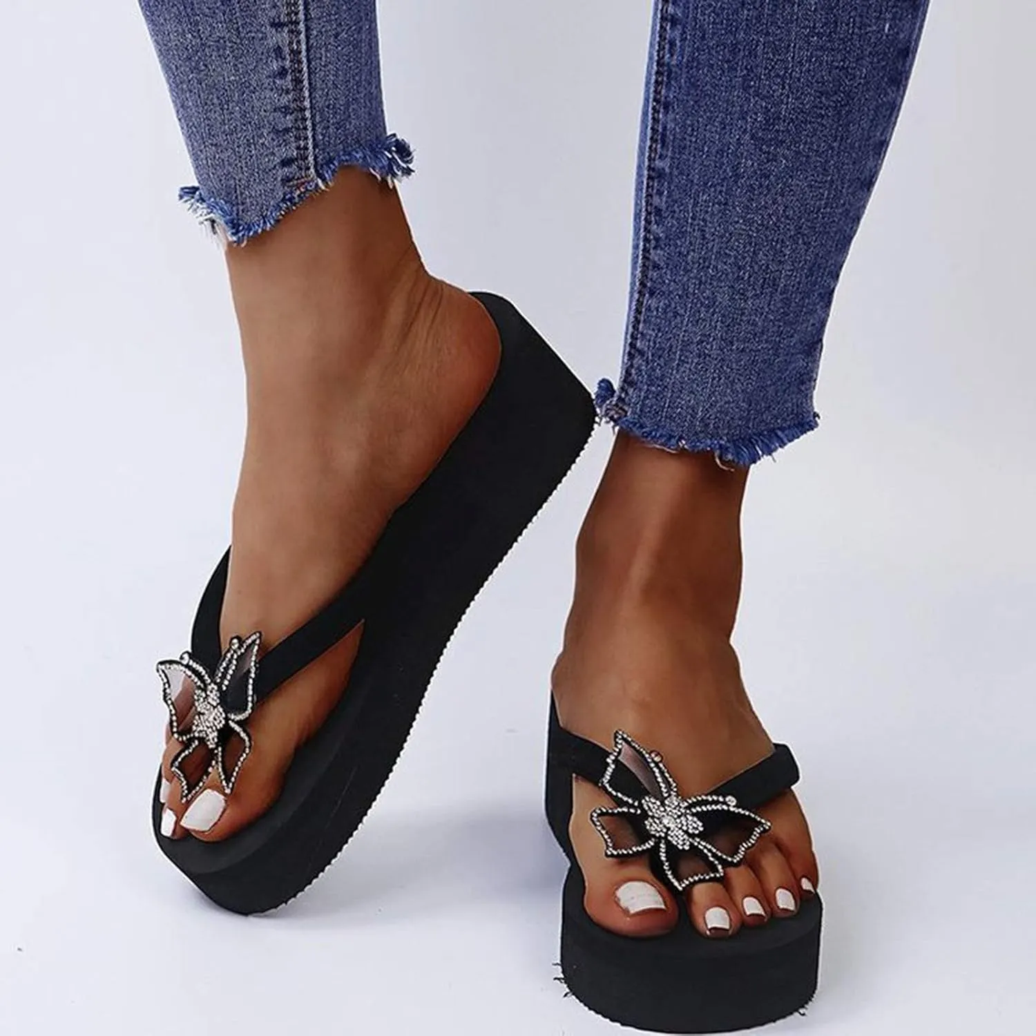 Black Sandals Women Platform Ladies Fashion Summer Flip Flops Casual Rhinestone Butterfly Sandals