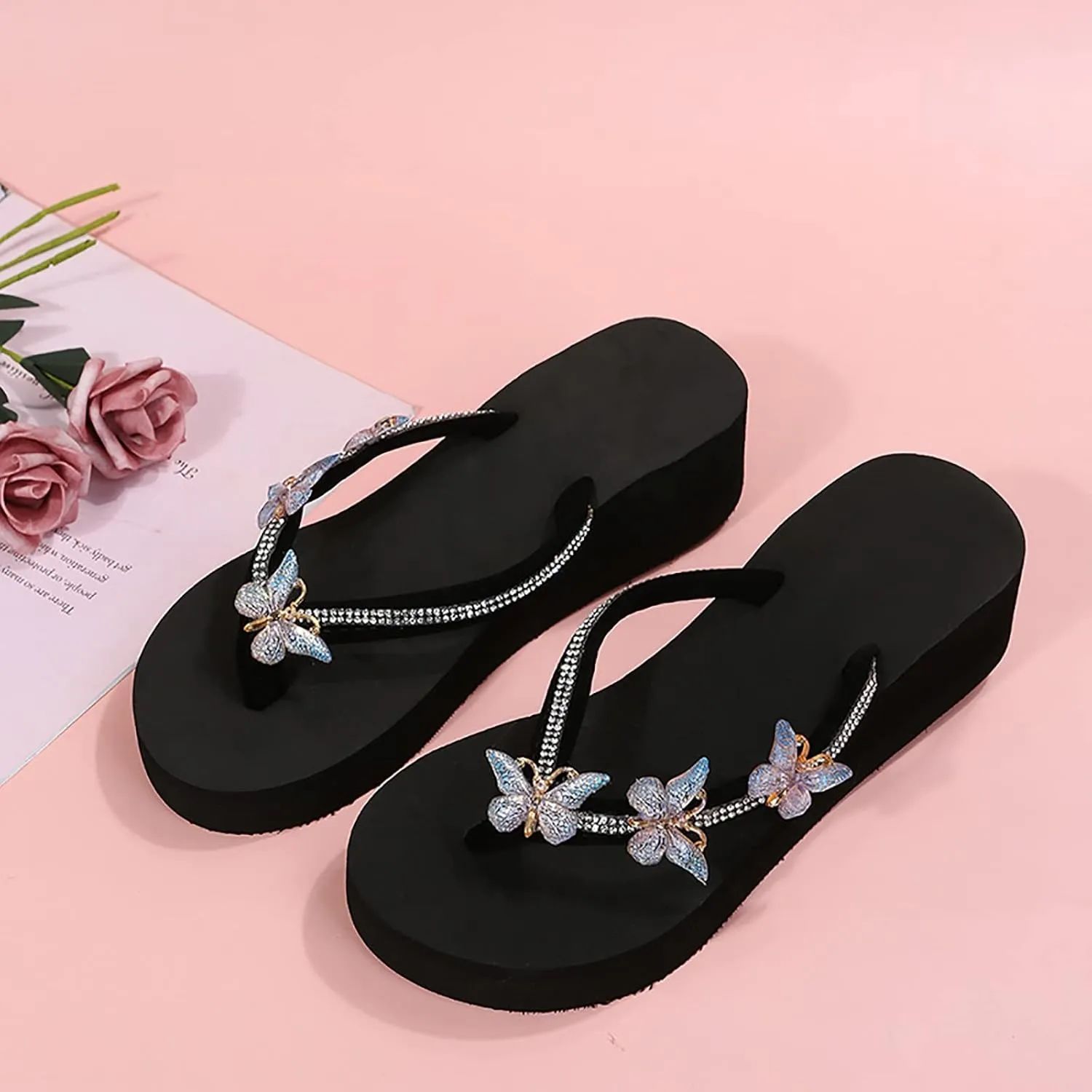Black Sandals Women Platform Ladies Fashion Summer Flip Flops Casual Rhinestone Butterfly Sandals