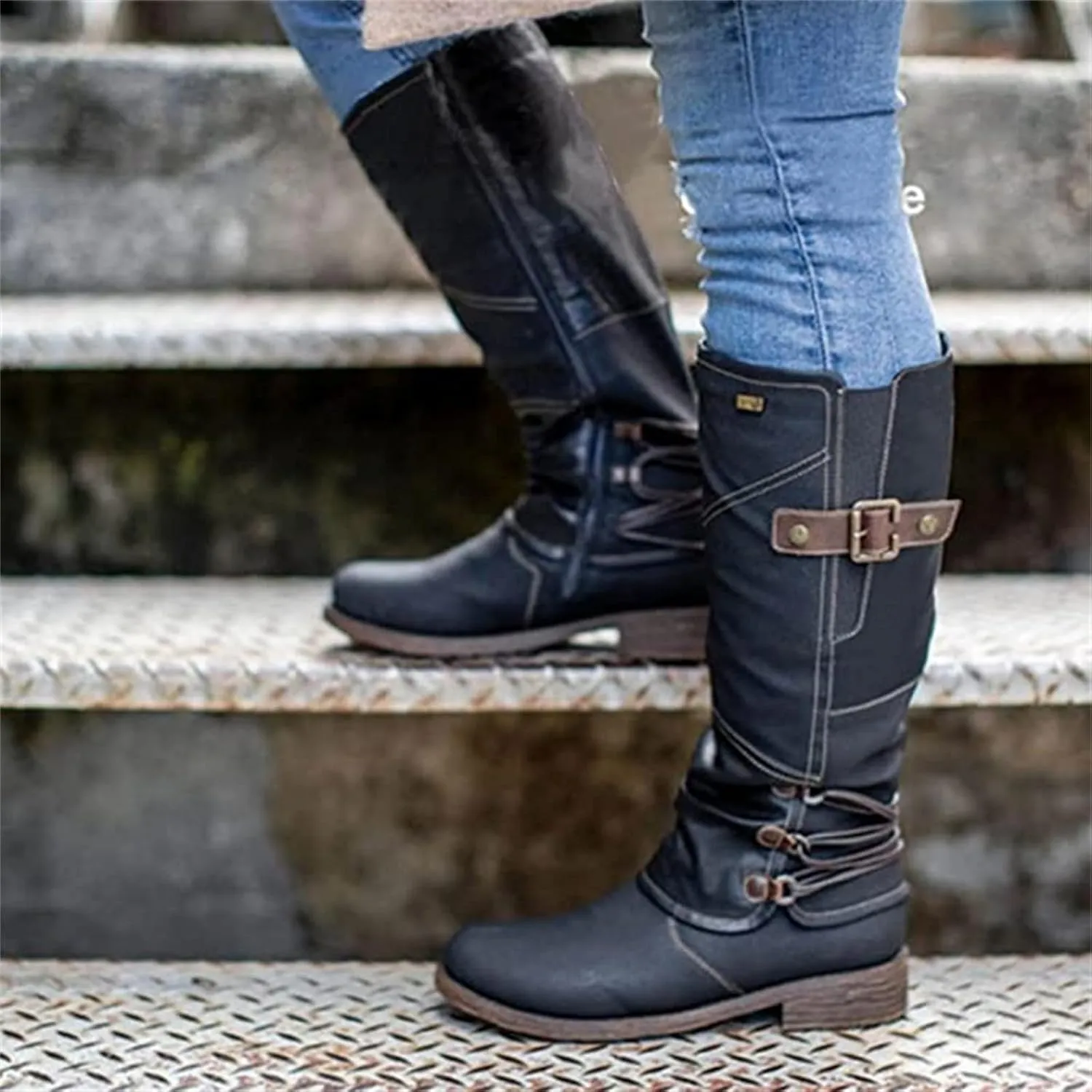 Boots For Women Knee High Wide Calf Leather Combat Boots Side Zipper Military Shoes Motorcycle Riding Biker Boots