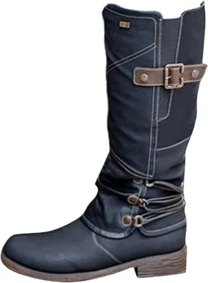 Boots For Women Knee High Wide Calf Leather Combat Boots Side Zipper Military Shoes Motorcycle Riding Biker Boots