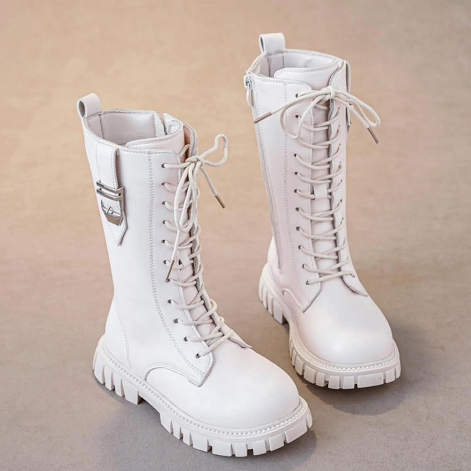 Boys Girls Mid Calf Combat Boots Faux Leather Lace up Boots Side Zipper Riding Winter Boots Toddler/Little/Big Kid