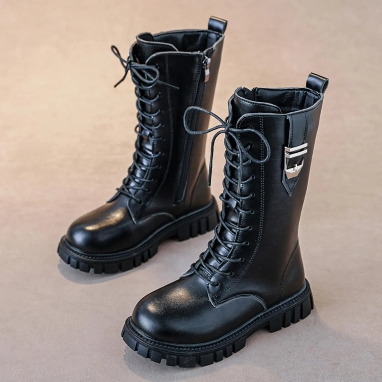 Boys Girls Mid Calf Combat Boots Faux Leather Lace up Boots Side Zipper Riding Winter Boots Toddler/Little/Big Kid
