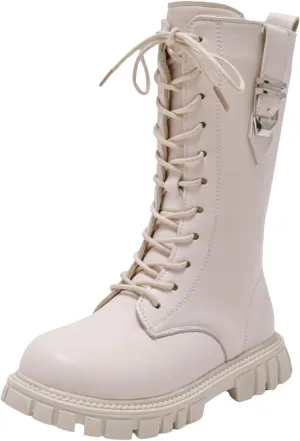 Boys Girls Mid Calf Combat Boots Faux Leather Lace up Boots Side Zipper Riding Winter Boots Toddler/Little/Big Kid