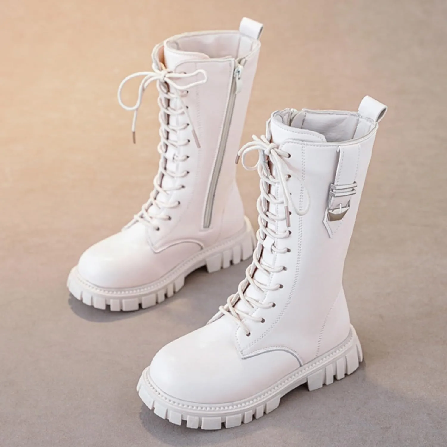 Boys Girls Mid Calf Combat Boots Faux Leather Lace up Boots Side Zipper Riding Winter Boots Toddler/Little/Big Kid