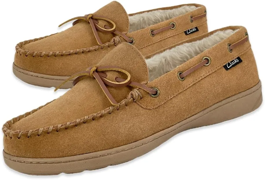 Clarks Mens Suede Leather Moccasin Slipper 22SH-011 - Faux Fur Lining Cushion Comfort Insole - Indoor Outdoor Slippers For Men (10 M US, Cinnamon)