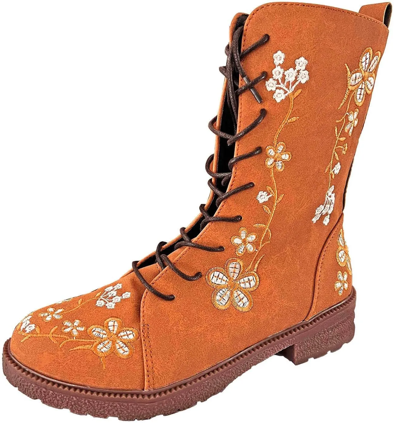 Combat Boots for Women Vintage Flower Design Lace Up Booties Leather Round Toe Side Zip-up Ankle Boots