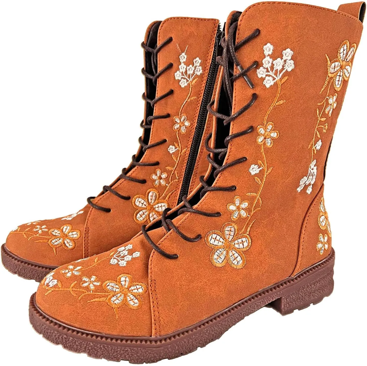 Combat Boots for Women Vintage Flower Design Lace Up Booties Leather Round Toe Side Zip-up Ankle Boots