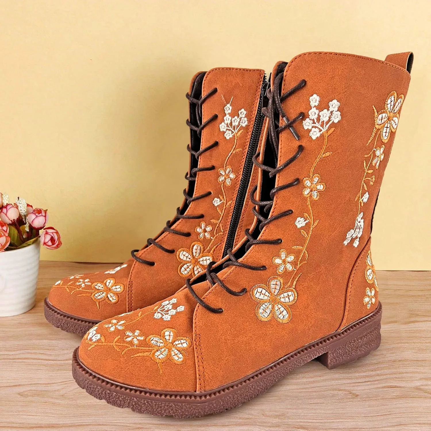 Combat Boots for Women Vintage Flower Design Lace Up Booties Leather Round Toe Side Zip-up Ankle Boots