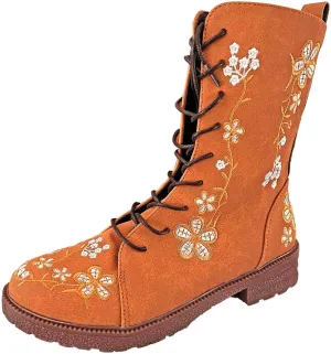 Combat Boots for Women Vintage Flower Design Lace Up Booties Leather Round Toe Side Zip-up Ankle Boots