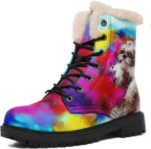 Dog Print Winter Boots for Women, Fashion Anti-slip Fur Lined Warm Snow Boots Waterproof Outdoor Hiking Boots