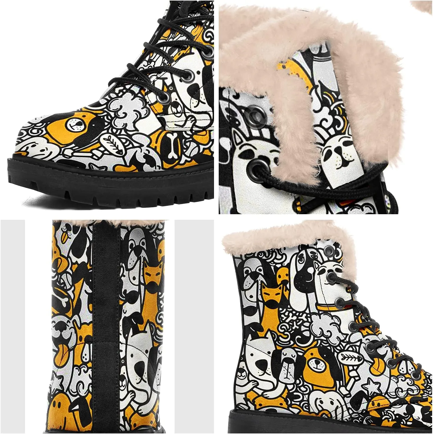 Dog Print Winter Boots for Women, Fashion Anti-slip Fur Lined Warm Snow Boots Waterproof Outdoor Hiking Boots