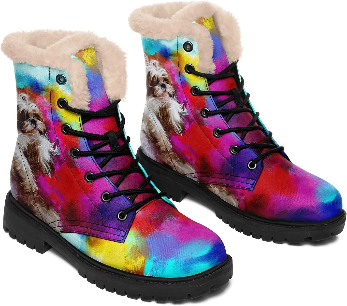 Dog Print Winter Boots for Women, Fashion Anti-slip Fur Lined Warm Snow Boots Waterproof Outdoor Hiking Boots