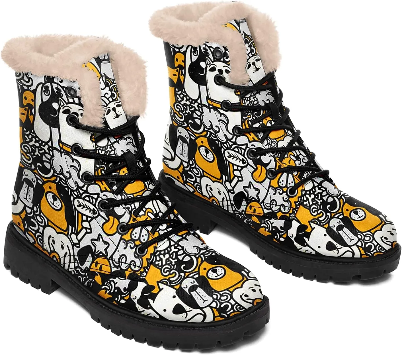 Dog Print Winter Boots for Women, Fashion Anti-slip Fur Lined Warm Snow Boots Waterproof Outdoor Hiking Boots