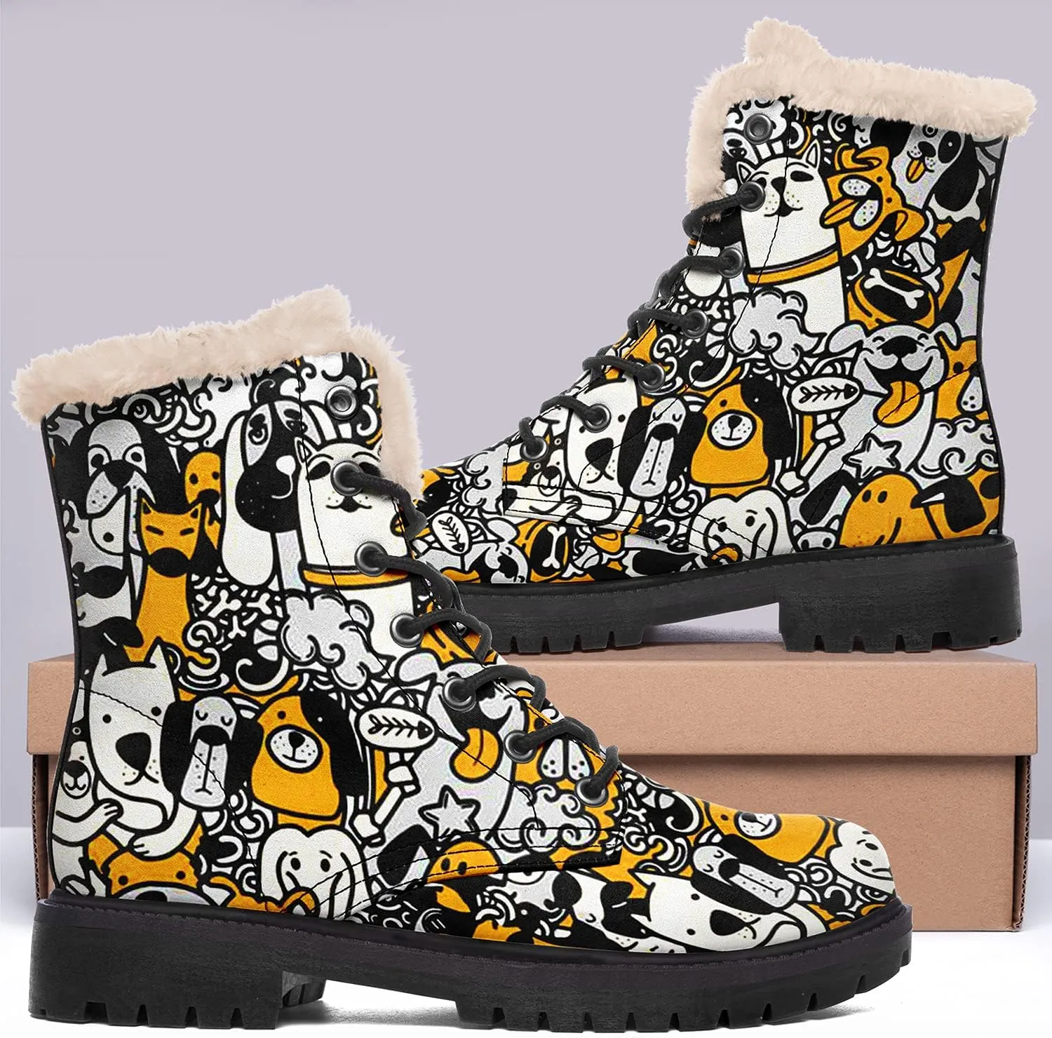Dog Print Winter Boots for Women, Fashion Anti-slip Fur Lined Warm Snow Boots Waterproof Outdoor Hiking Boots