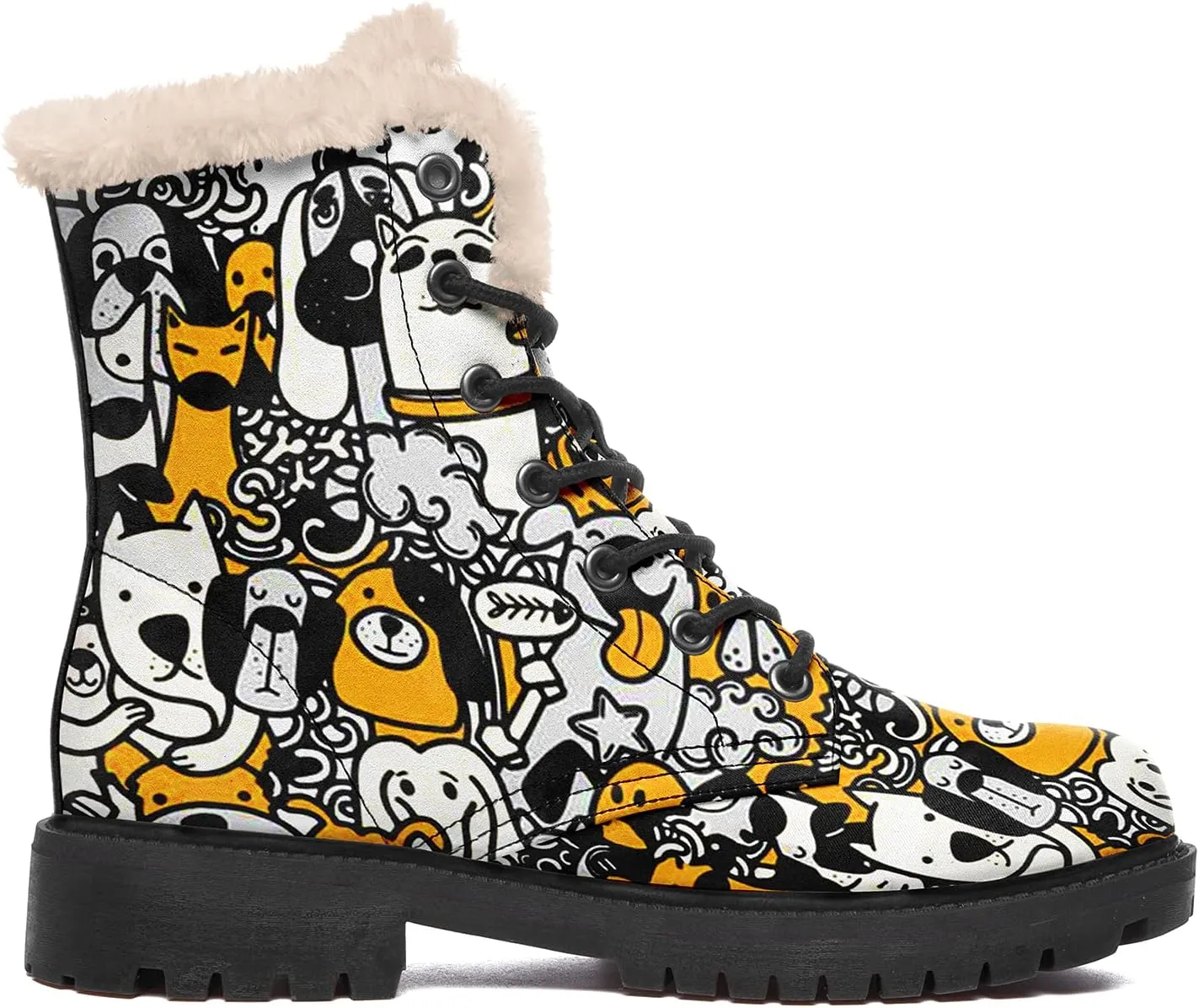 Dog Print Winter Boots for Women, Fashion Anti-slip Fur Lined Warm Snow Boots Waterproof Outdoor Hiking Boots