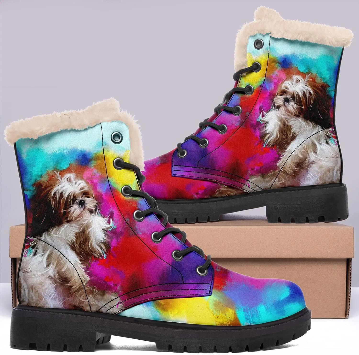 Dog Print Winter Boots for Women, Fashion Anti-slip Fur Lined Warm Snow Boots Waterproof Outdoor Hiking Boots
