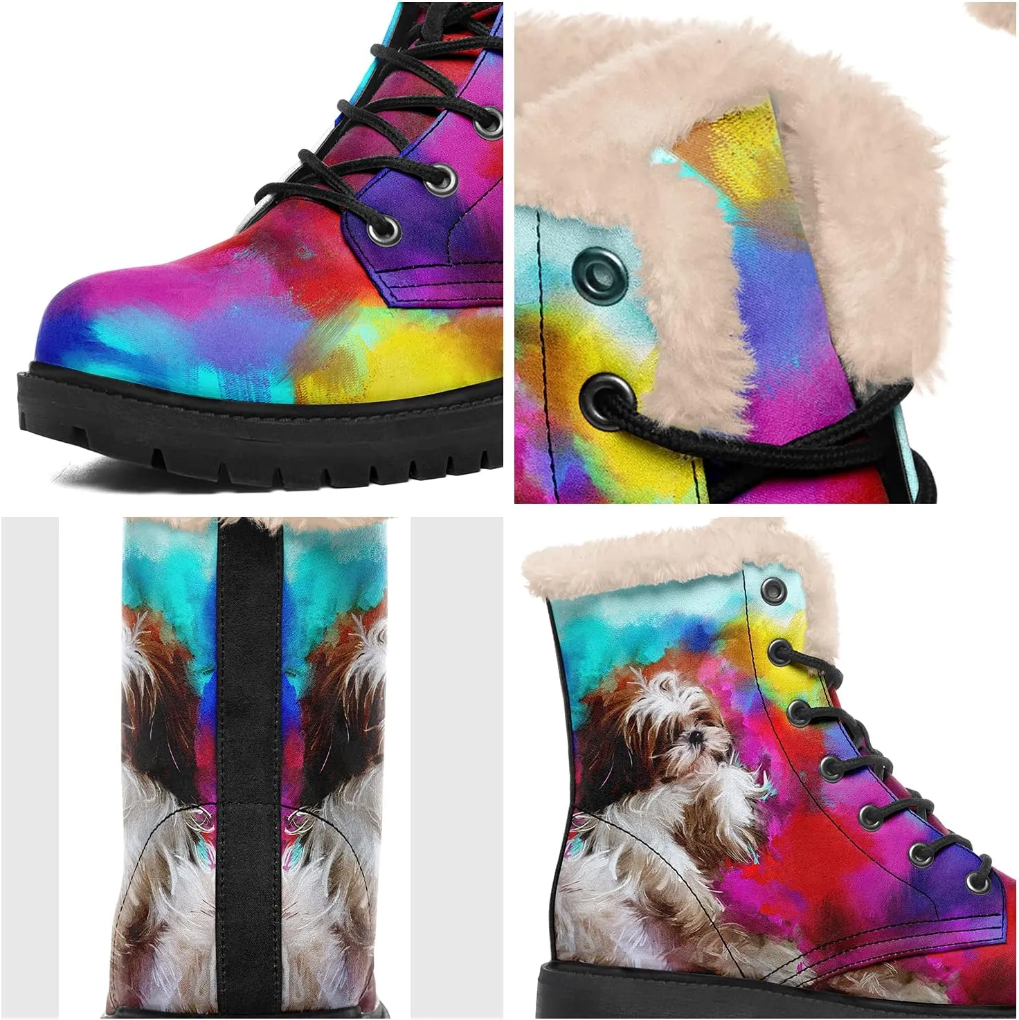 Dog Print Winter Boots for Women, Fashion Anti-slip Fur Lined Warm Snow Boots Waterproof Outdoor Hiking Boots