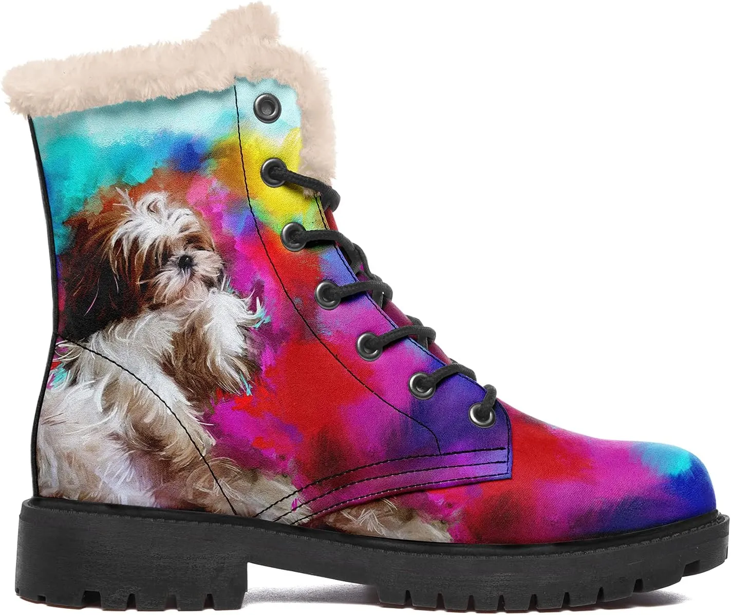 Dog Print Winter Boots for Women, Fashion Anti-slip Fur Lined Warm Snow Boots Waterproof Outdoor Hiking Boots