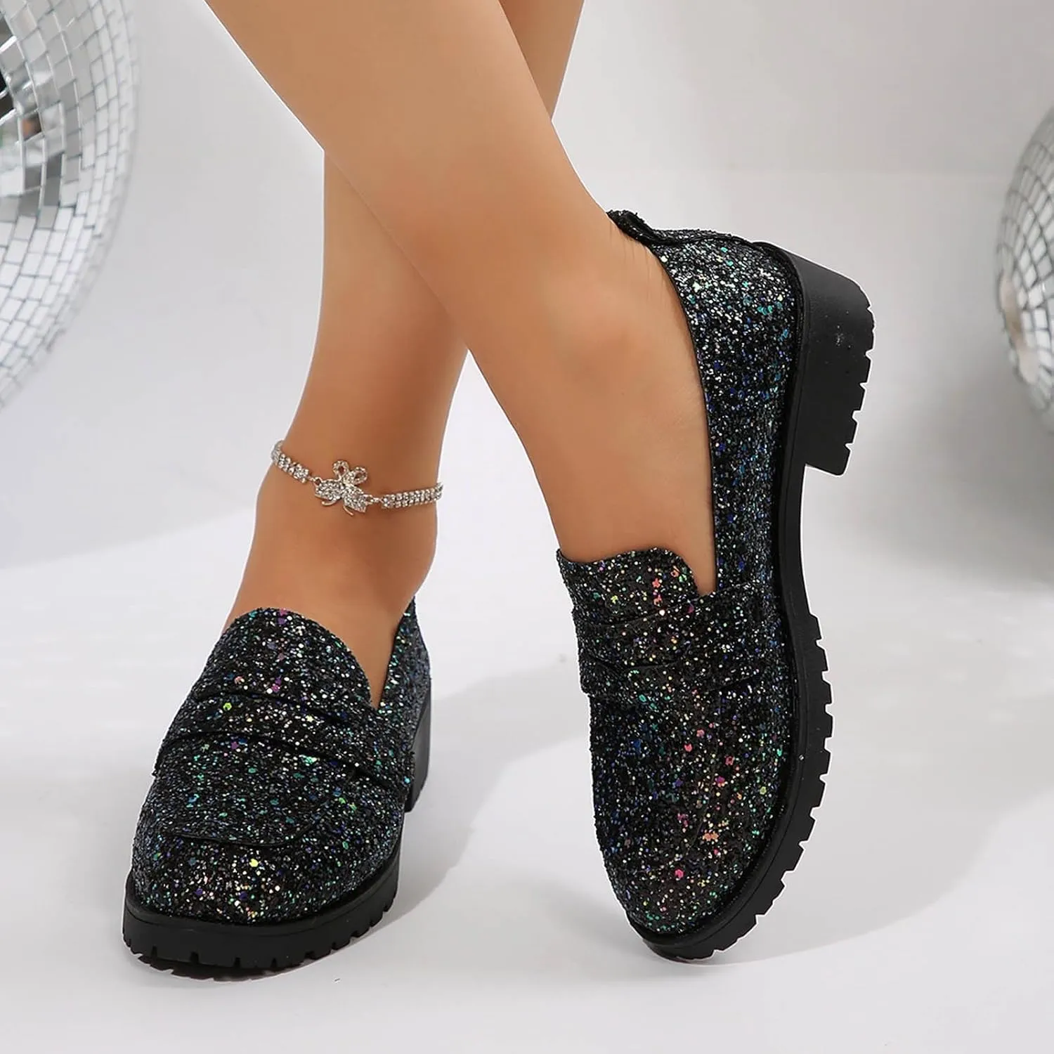 Dress Shoes Women Comfort Rhinestone Loafers Dressy Flats Shoe Casual Penny Loafers Slip On Work Shoes