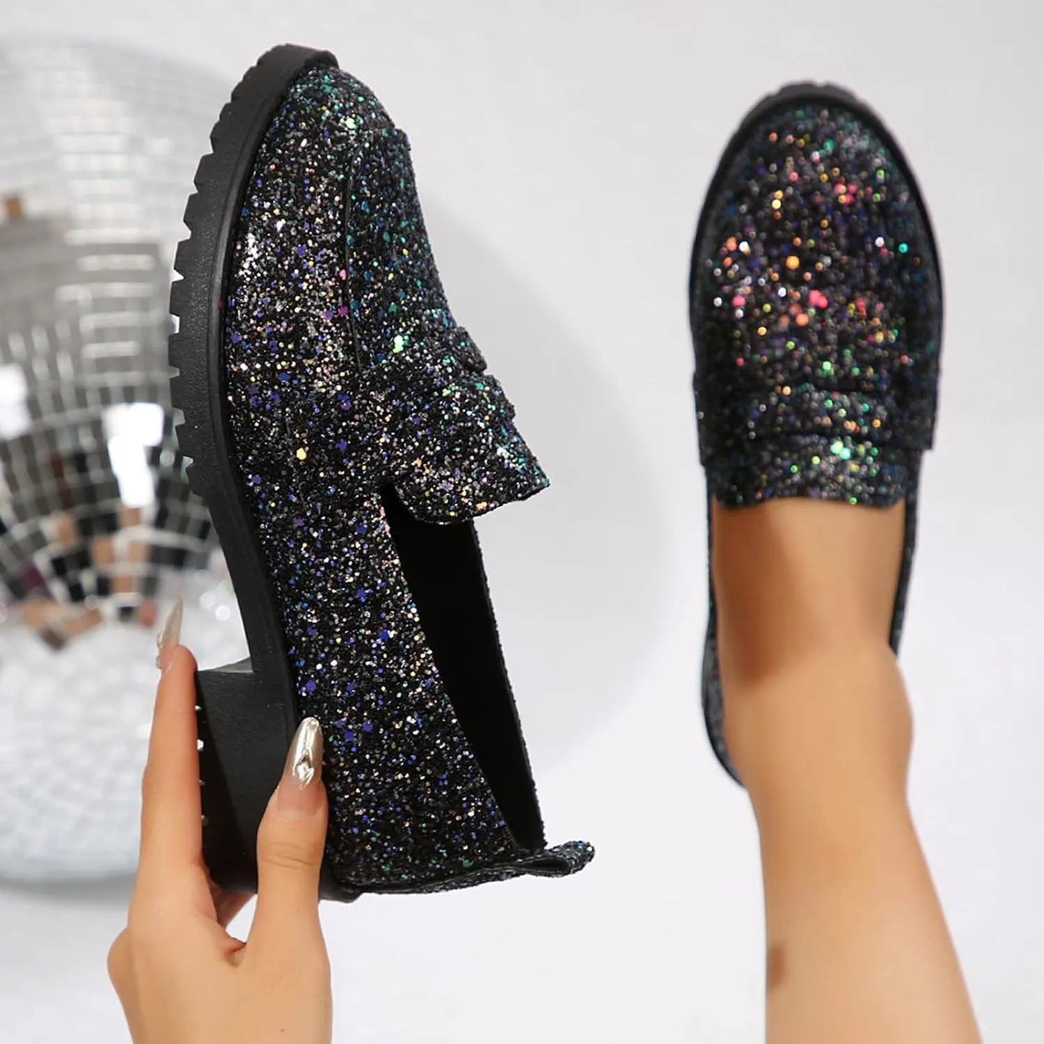 Dress Shoes Women Comfort Rhinestone Loafers Dressy Flats Shoe Casual Penny Loafers Slip On Work Shoes