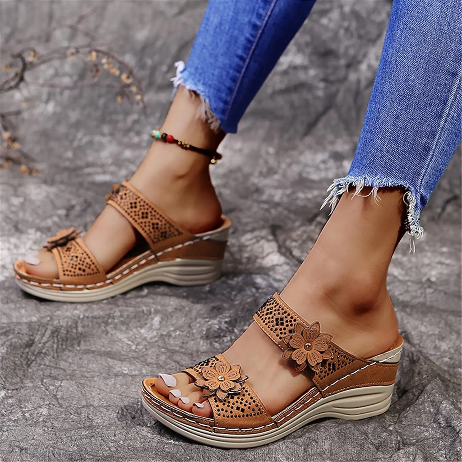 Eduavar Womens Sandals Dressy, Women Sandals Comfortable Peep Toe Sandals Slip On Wedge Platform Sandals Shoes
