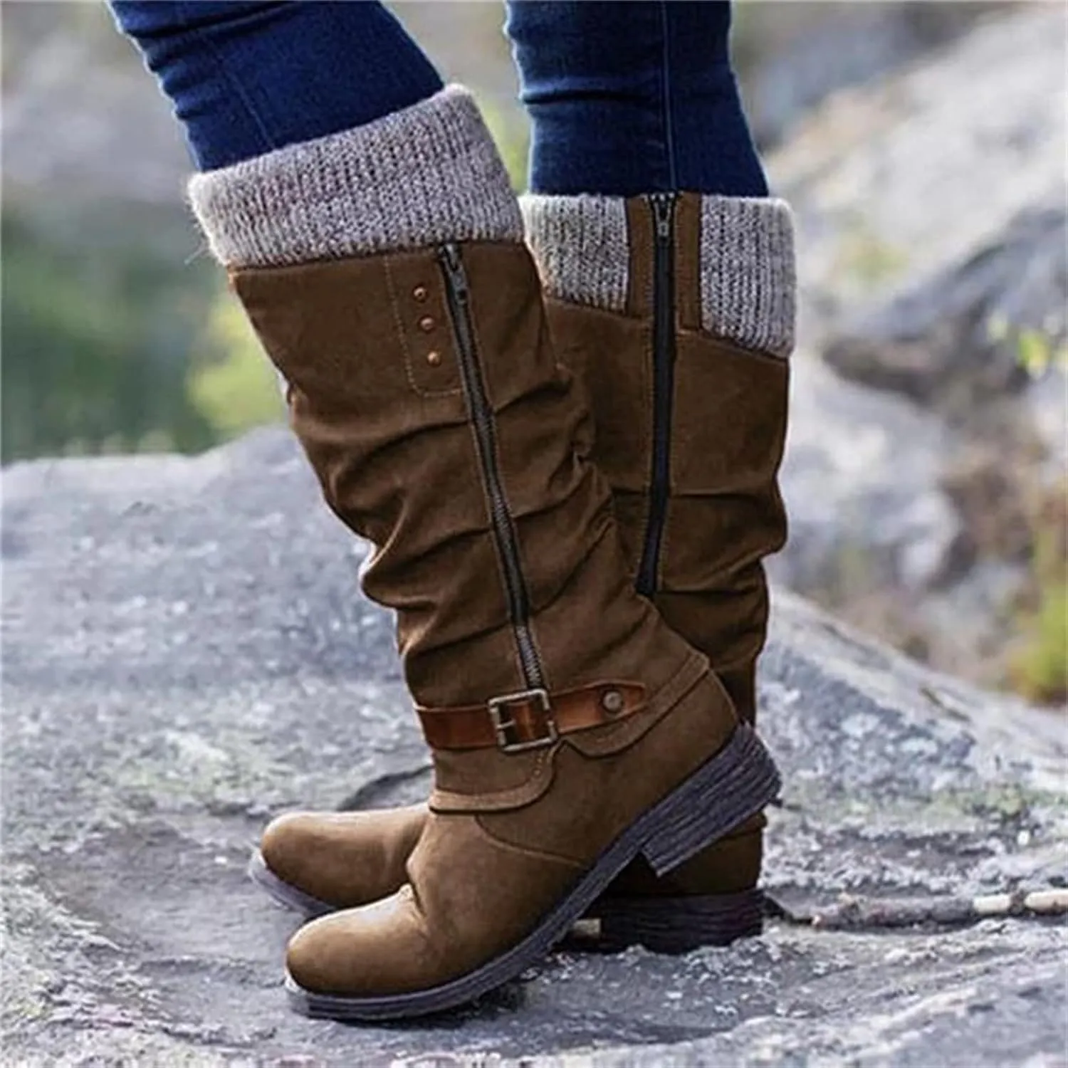 Fall 2024 Women's Wide Calf Mid-Calf Combat Boots, Square Toe, Side Zipper, Low Heel, Motorcycle Biker Boots, Size 8