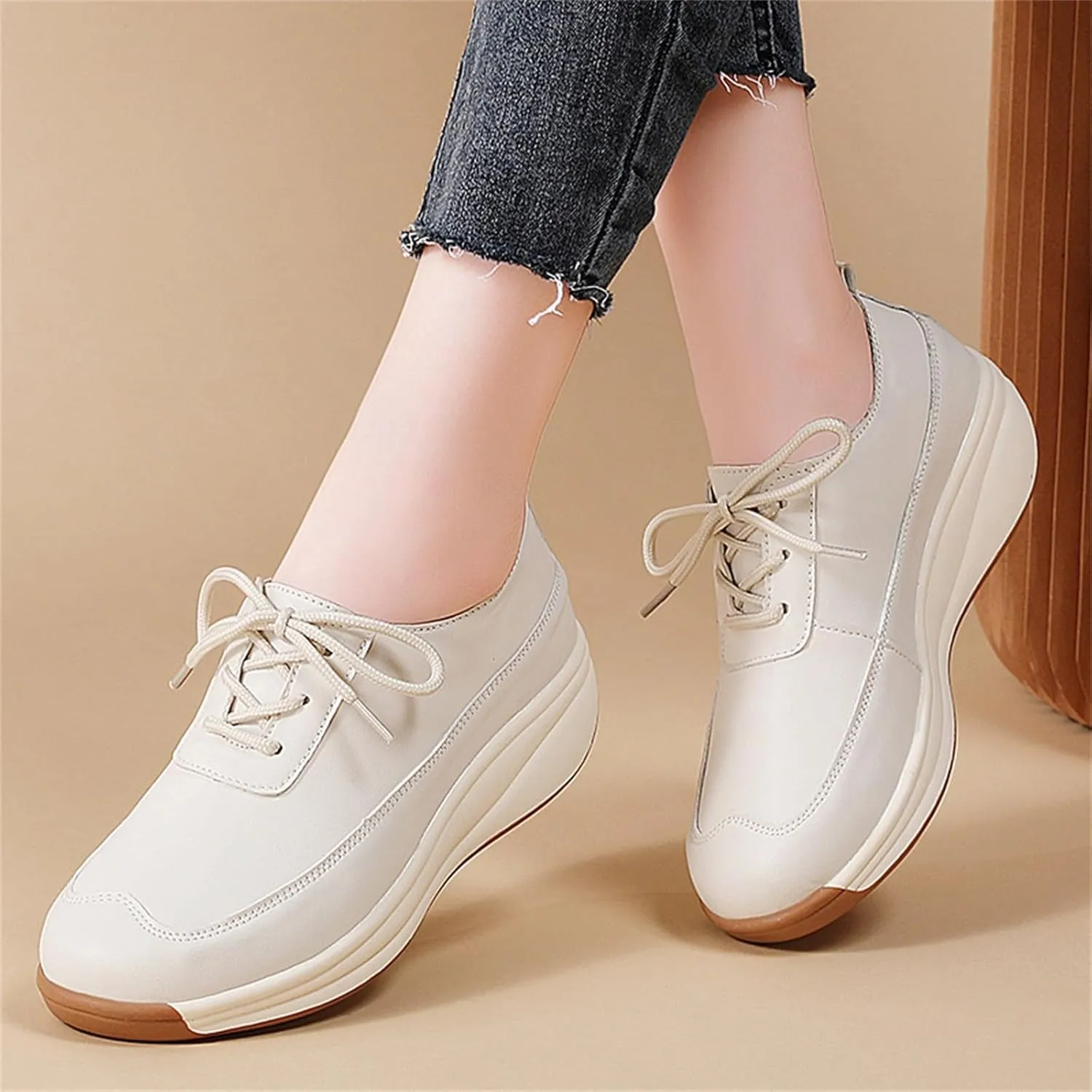 Fashion Sneakers for Women Lace-up Breathable Thick Sole Soft Walking Running Shoes Comfortable Tennis Shoes Non Slip Casual Cute Womens Sneakers
