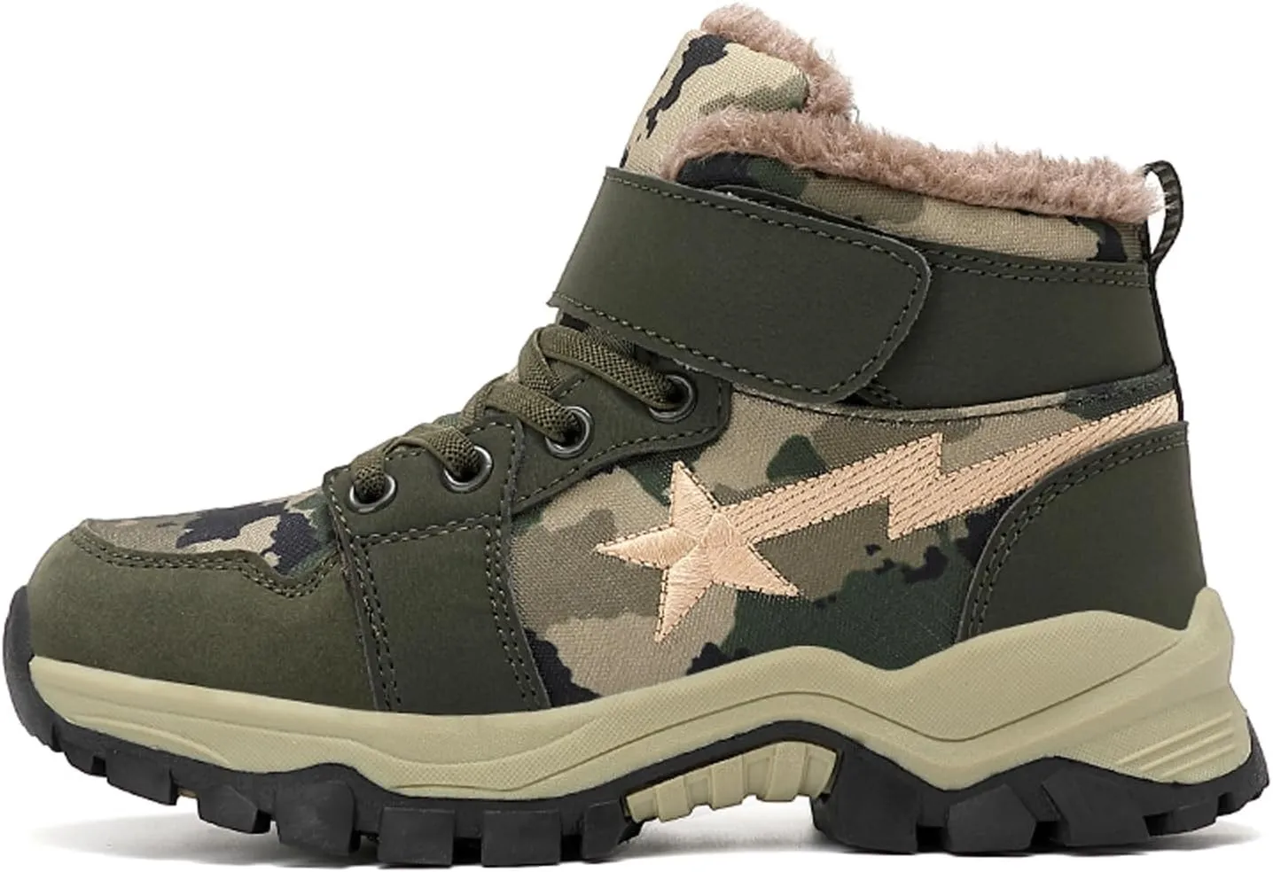 FLIOZY Kids Camo Waterproof Hiking Boots with Breathable Mesh or Plush Lining Anti-Slip Sole Easy Hook-and-Loop Closure Durable Low-Top Adventure Shoes for Boys