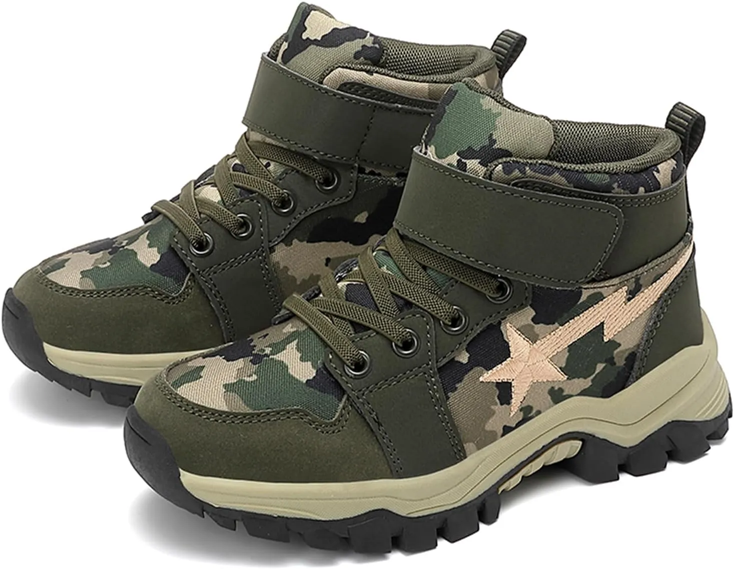 FLIOZY Kids Camo Waterproof Hiking Boots with Breathable Mesh or Plush Lining Anti-Slip Sole Easy Hook-and-Loop Closure Durable Low-Top Adventure Shoes for Boys