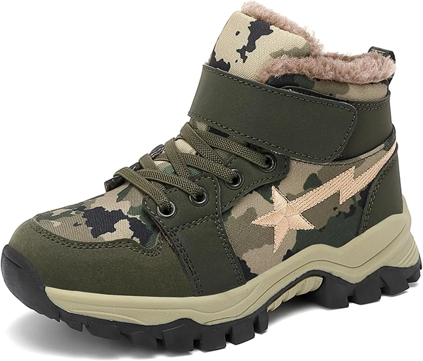 FLIOZY Kids Camo Waterproof Hiking Boots with Breathable Mesh or Plush Lining Anti-Slip Sole Easy Hook-and-Loop Closure Durable Low-Top Adventure Shoes for Boys
