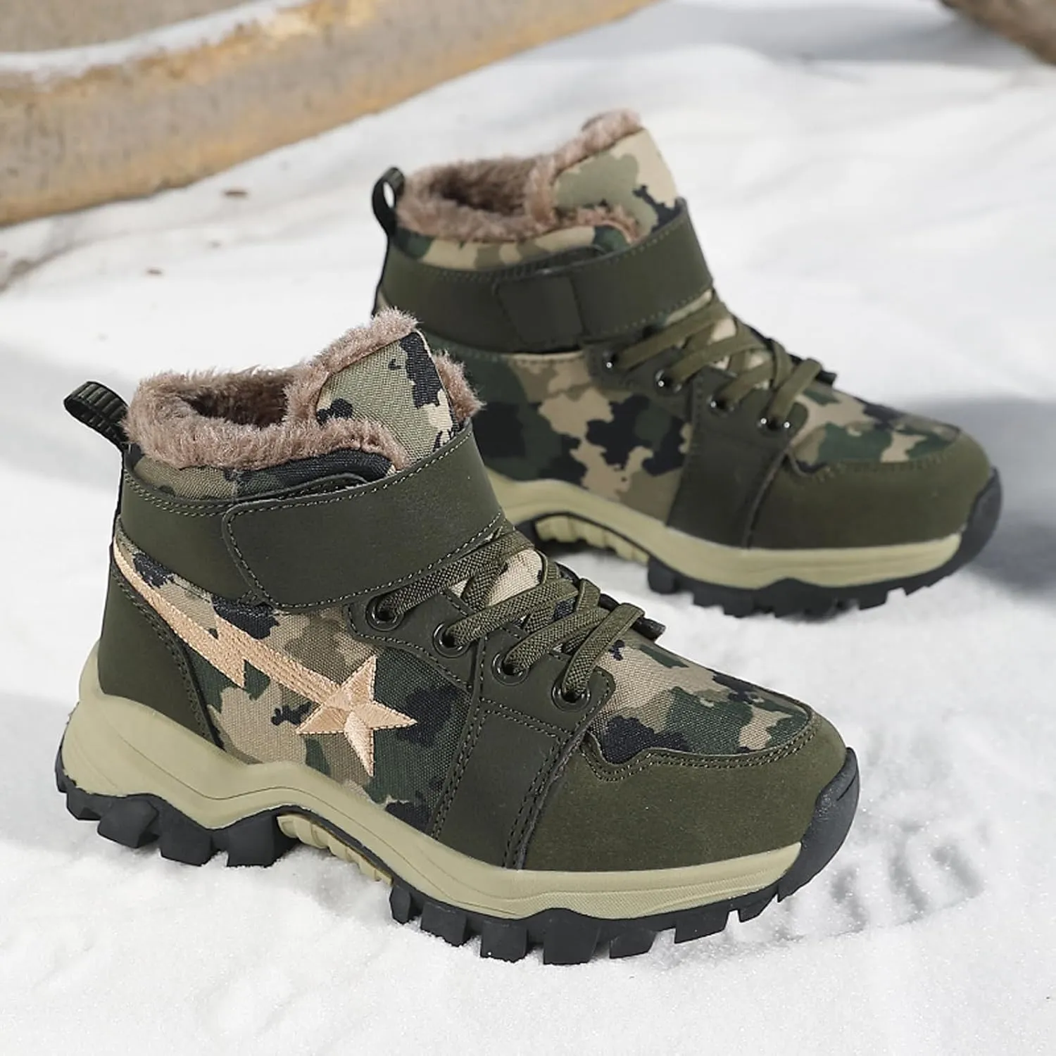 FLIOZY Kids Camo Waterproof Hiking Boots with Breathable Mesh or Plush Lining Anti-Slip Sole Easy Hook-and-Loop Closure Durable Low-Top Adventure Shoes for Boys