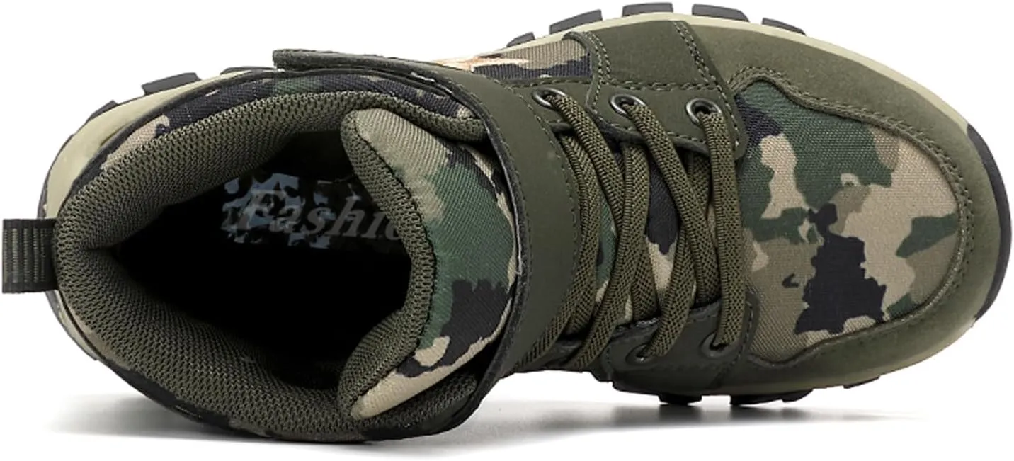 FLIOZY Kids Camo Waterproof Hiking Boots with Breathable Mesh or Plush Lining Anti-Slip Sole Easy Hook-and-Loop Closure Durable Low-Top Adventure Shoes for Boys